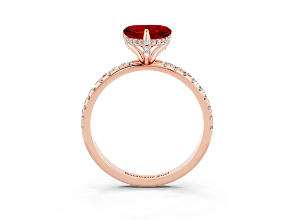 Rose gold Heart Cut Diamond Solitaire Ring with Four-Prong Setting and Pavé Band