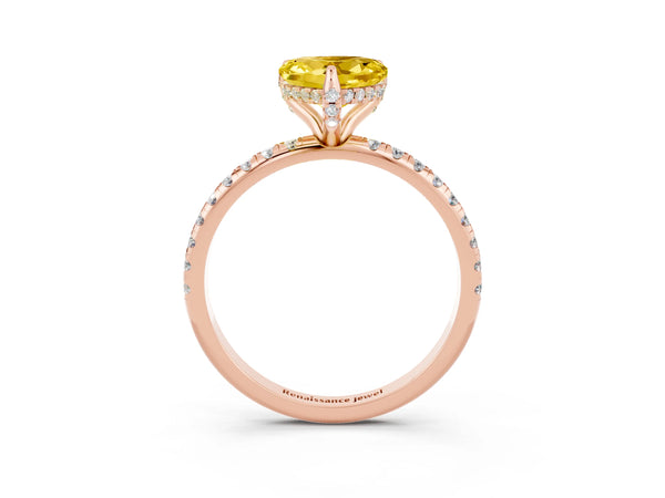 Rose gold Heart Cut Yellow Sapphire Hidden Halo Engagement Ring with Round Pavé Band and Prong Setting