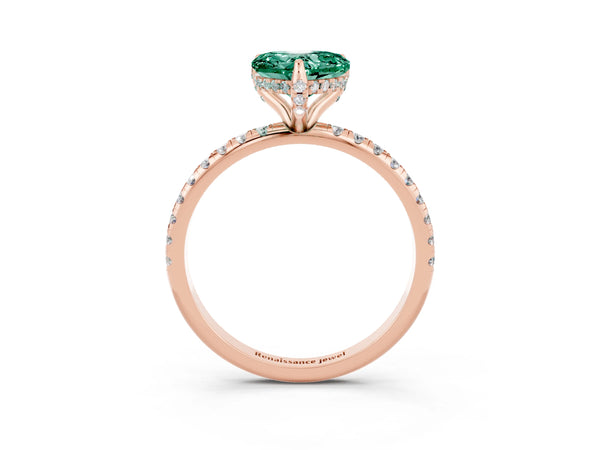 Rose gold Heart Cut Green Sapphire Hidden Halo Engagement Ring with Round Pavé Band and Prong Setting