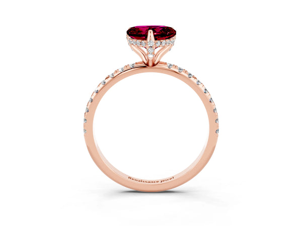 Rose gold Heart Cut Garnet Hidden Halo Engagement Ring with Round Pavé Band and Prong Setting