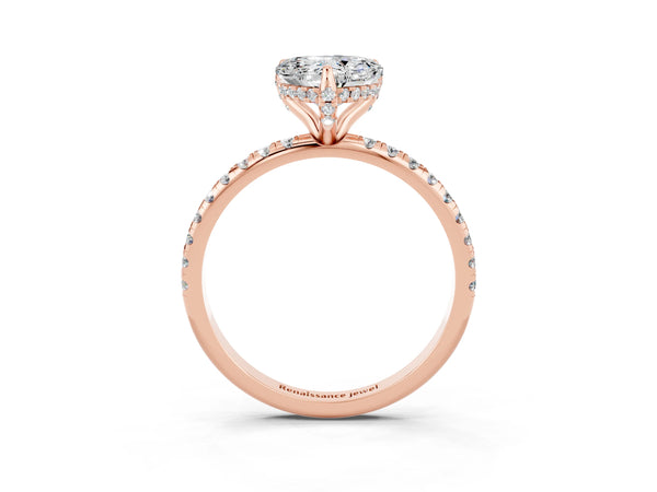 Rose gold Heart Cut Moissanite Hidden Halo Engagement Ring with Round Pavé Band and Prong Setting