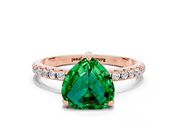 Rose gold Heart Cut Emerald Hidden Halo Engagement Ring with Round Pavé Band and Prong Setting