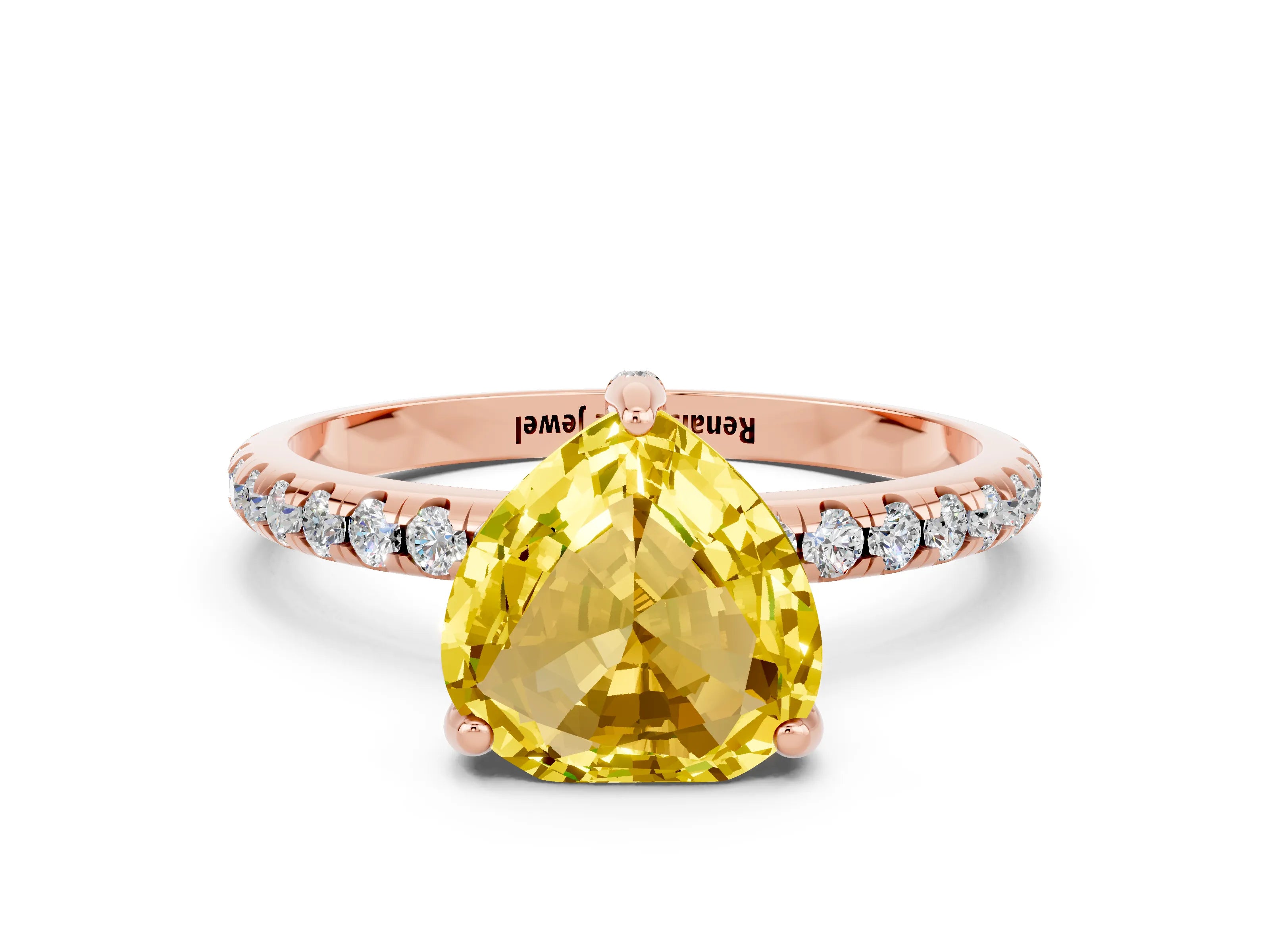 Rose gold Heart Cut Diamond Solitaire Ring with Four-Prong Setting and Pavé Band