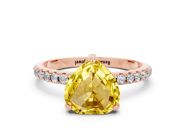 Rose gold Heart Cut Yellow Sapphire Hidden Halo Engagement Ring with Round Pavé Band and Prong Setting