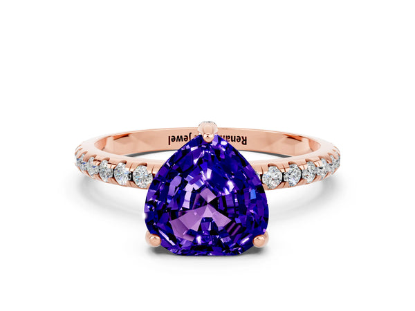 Rose gold Heart Cut Tanzanite Hidden Halo Engagement Ring with Round Pavé Band and Prong Setting