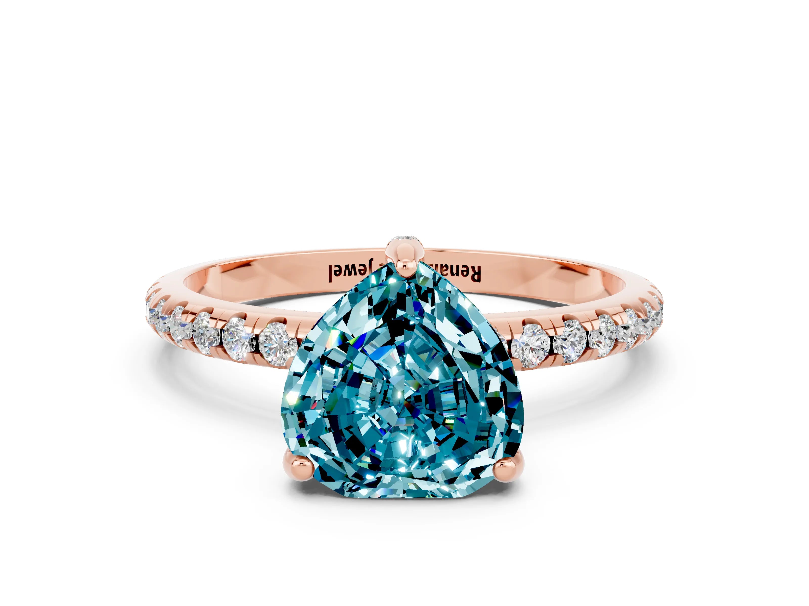 Rose gold Heart Cut Diamond Solitaire Ring with Four-Prong Setting and Pavé Band