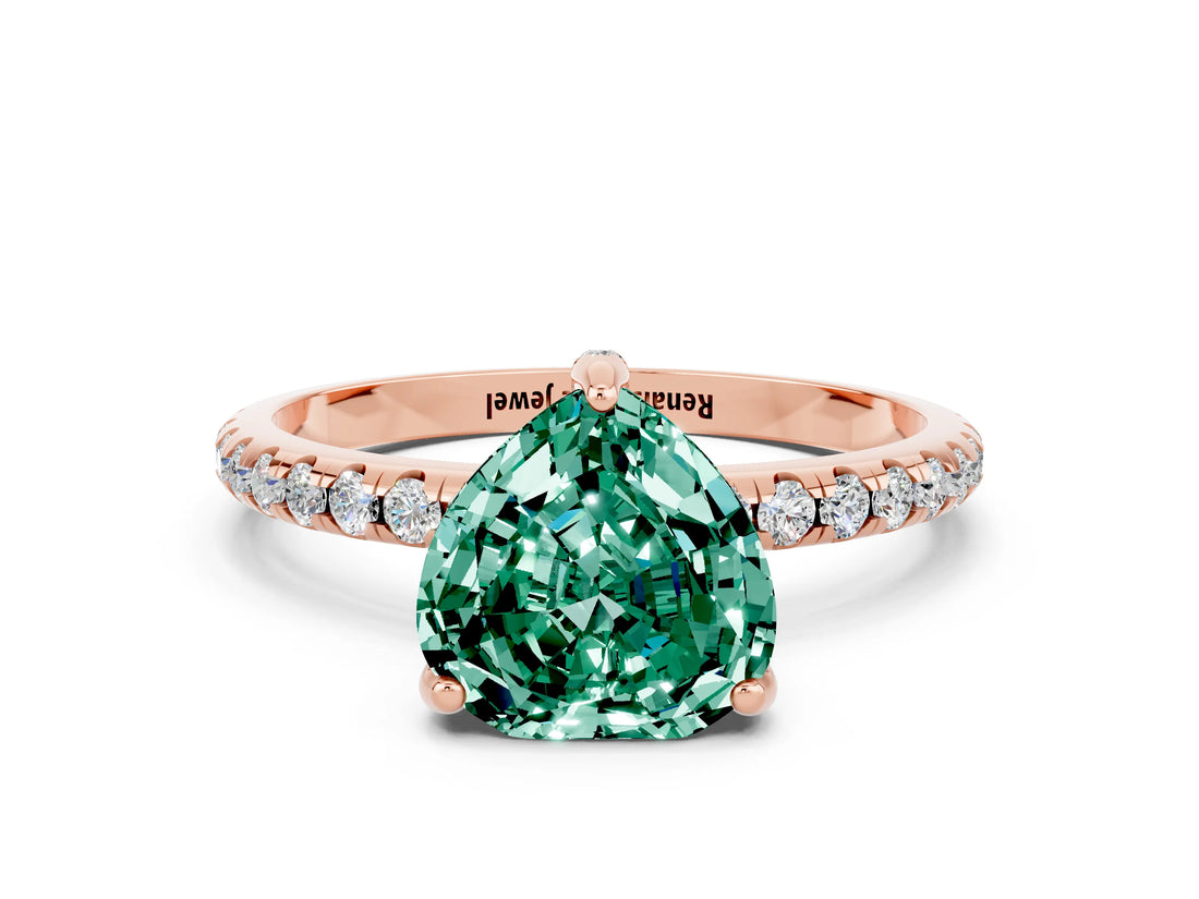 Rose gold Heart Cut Diamond Solitaire Ring with Four-Prong Setting and Pavé Band