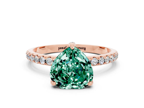 Rose gold Heart Cut Green Sapphire Hidden Halo Engagement Ring with Round Pavé Band and Prong Setting