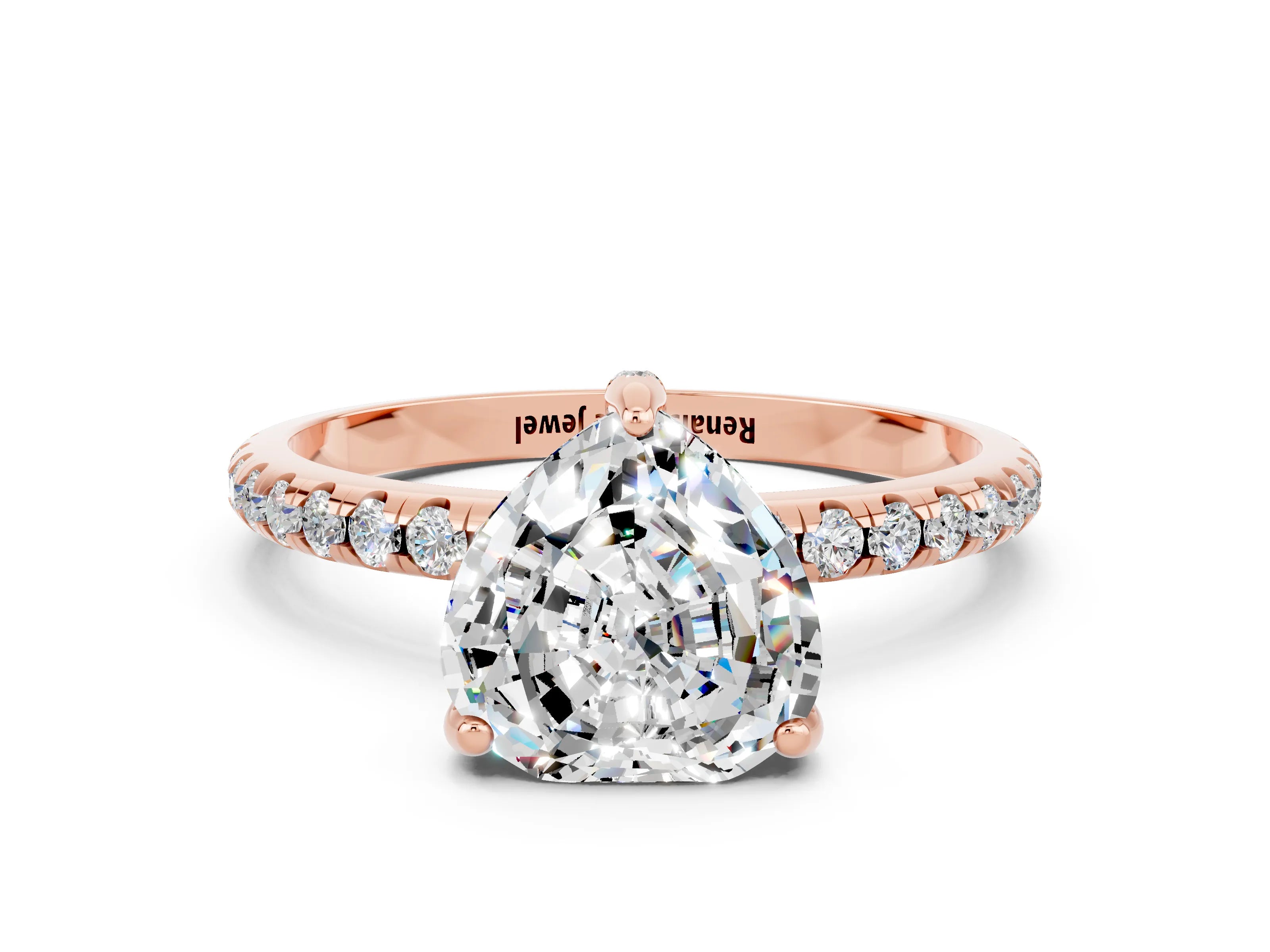 Rose gold Heart Cut Diamond Solitaire Ring with Four-Prong Setting and Pavé Band