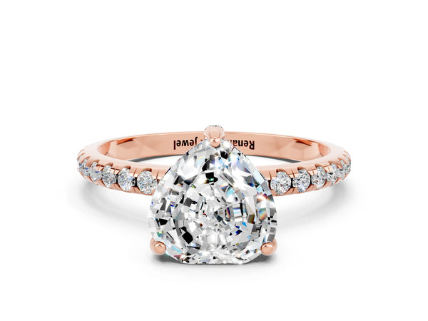 Rose gold Heart Cut Moissanite Hidden Halo Engagement Ring with Round Pavé Band and Prong Setting