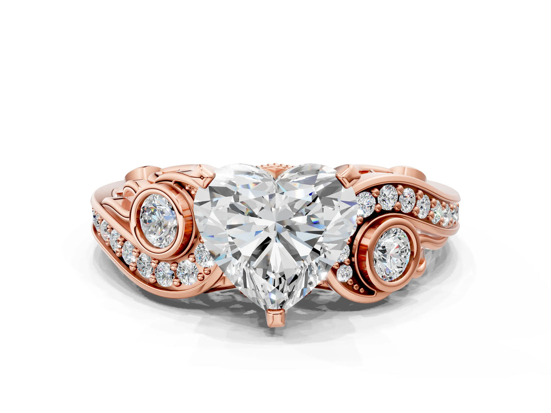 Rose gold Heart Cut Diamond Solitaire Ring with Milgrain Pavé Band and Four-Prong Setting_190