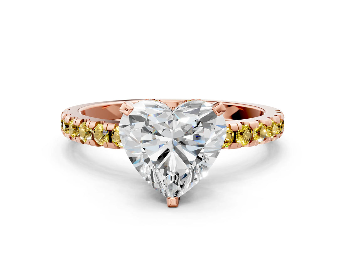 Rose gold Heart Cut Diamond Solitaire Ring with Pavé Band and Four-Prong Setting