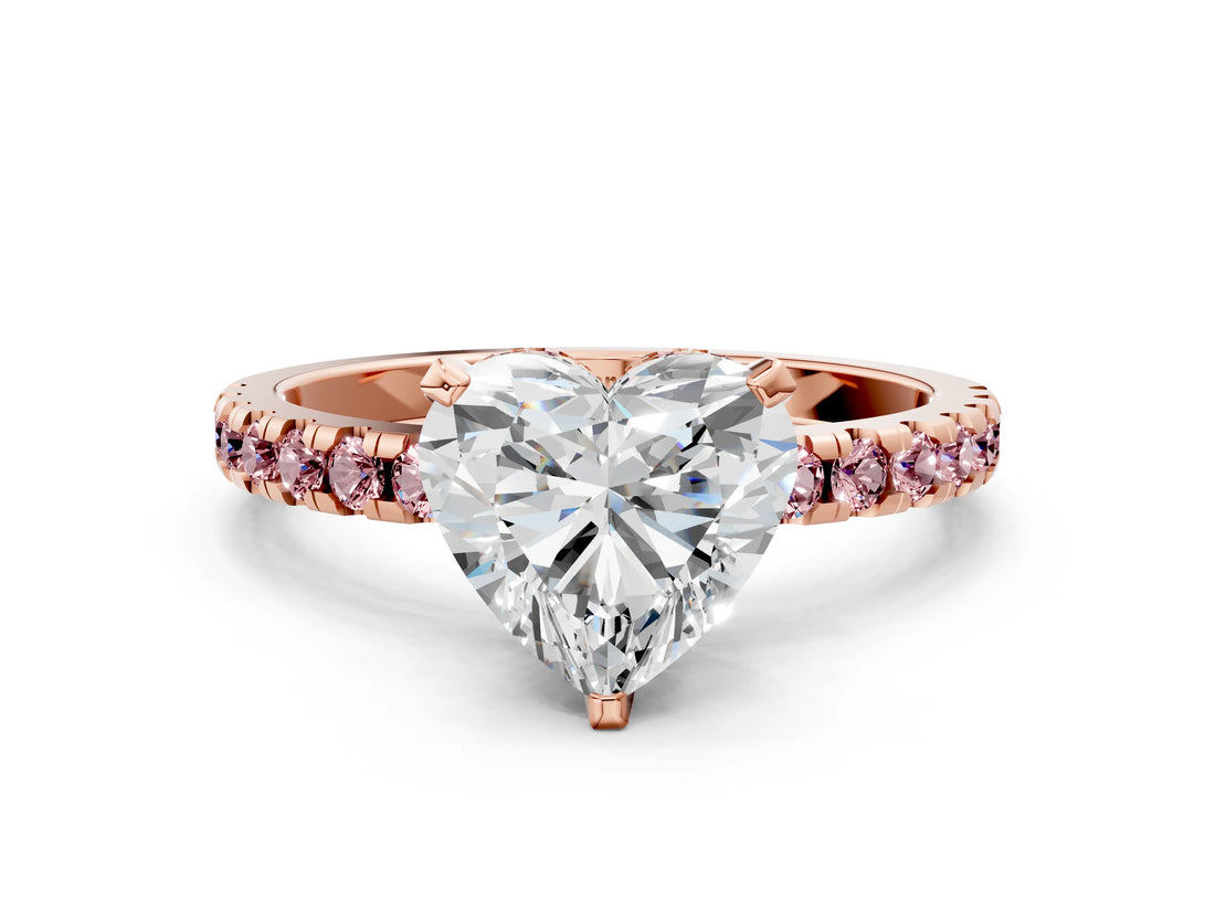 Rose gold Heart Cut Diamond Solitaire Ring with Pavé Band and Four-Prong Setting