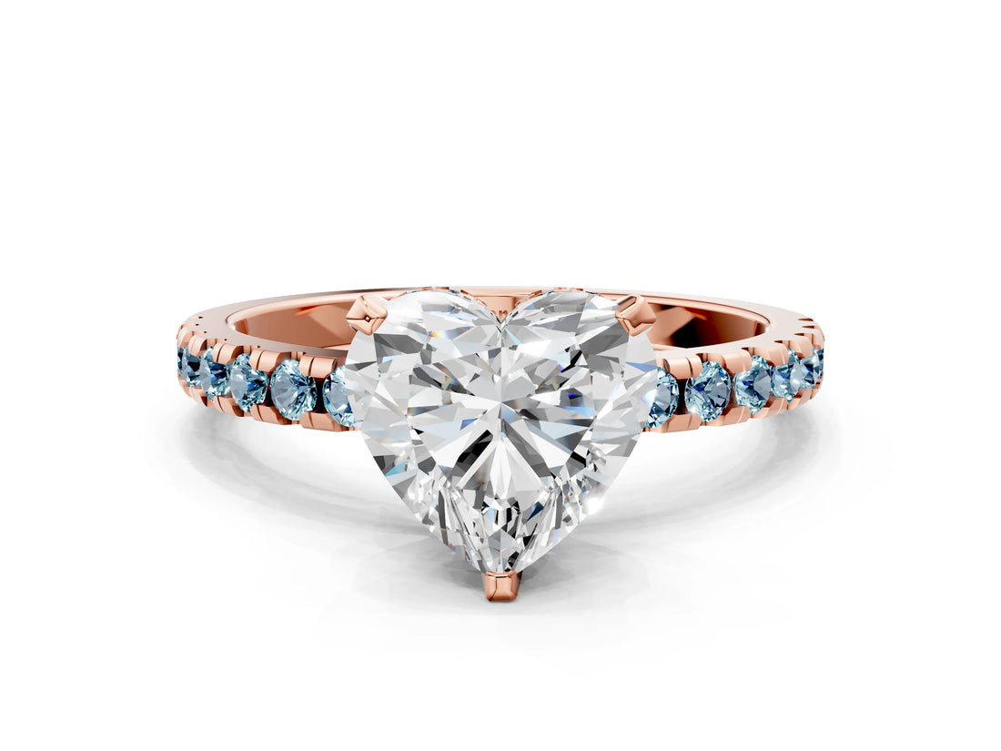 Rose gold Heart Cut Diamond Solitaire Ring with Pavé Band and Four-Prong Setting