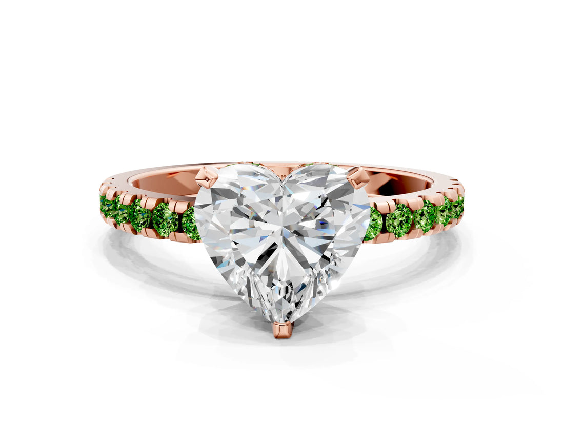 Rose gold Heart Cut Diamond Solitaire Ring with Pavé Band and Four-Prong Setting