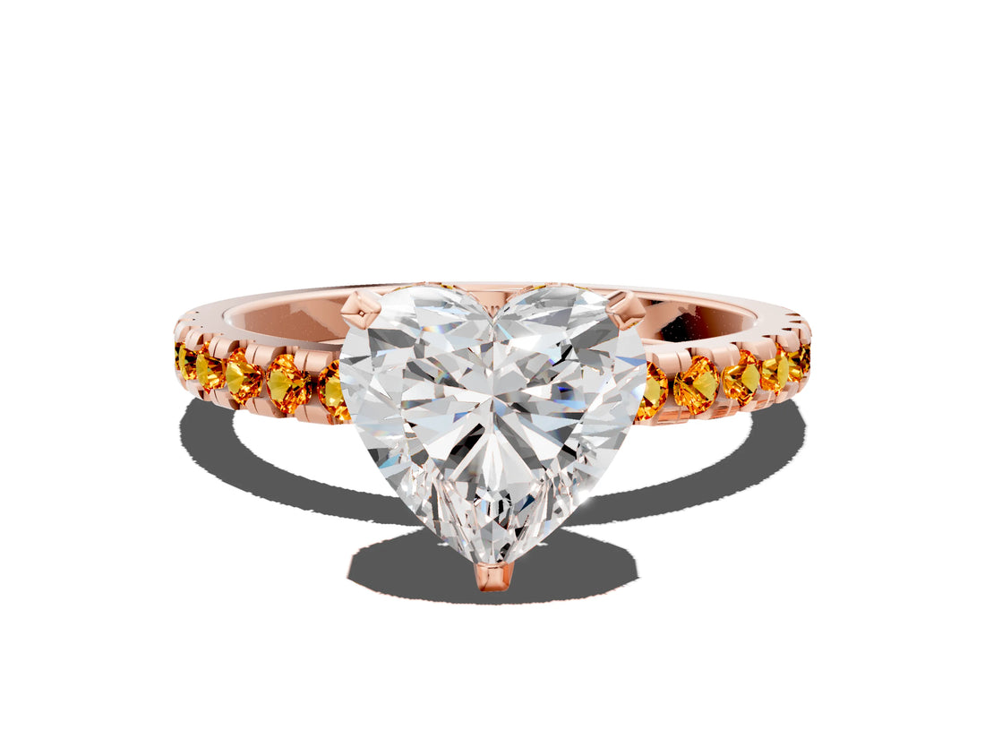 Rose gold Heart Cut Diamond Solitaire Ring with Pavé Band and Four-Prong Setting