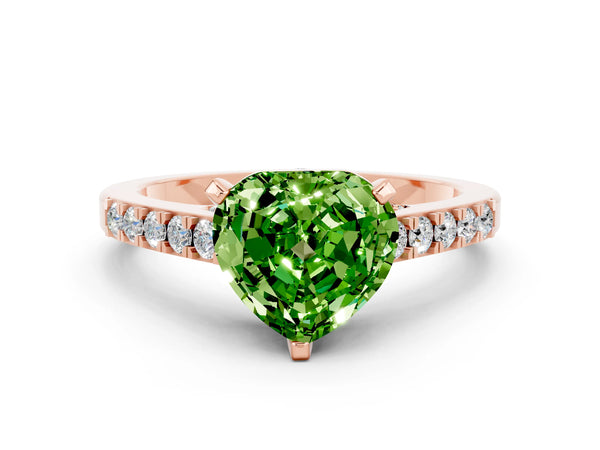Rose gold Heart Cut Peridot Solitaire Ring with Crossover Gallery and Round  Pavé Band
