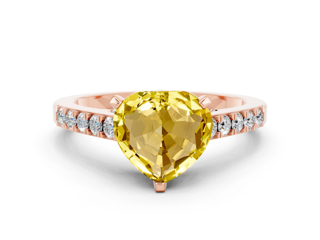 Rose gold Heart Cut Diamond Solitaire Ring with Pavé Band and Prong Setting