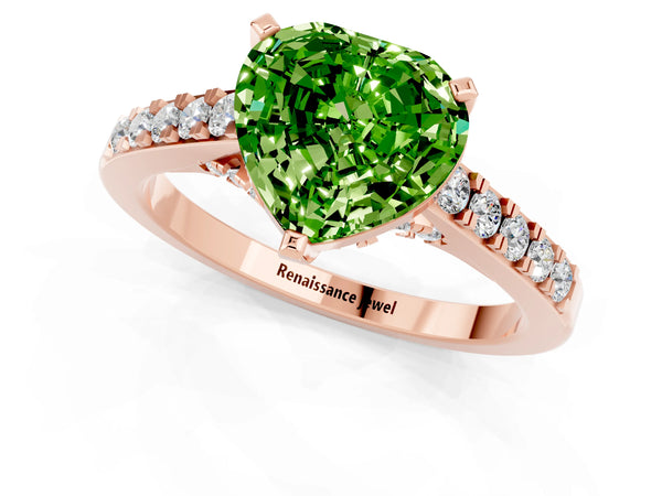 Rose gold Heart Cut Peridot Solitaire Ring with Crossover Gallery and Round  Pavé Band