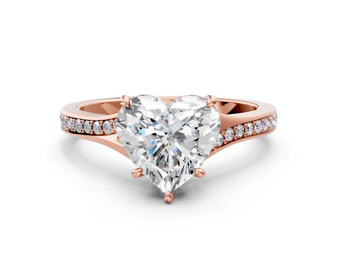 Rose gold Heart Cut Diamond Solitaire Ring with Pavé Band and Prong Setting_12