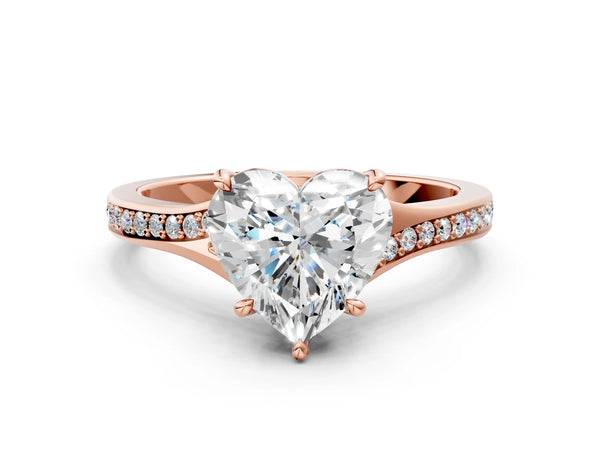 Rose Gold Heart-Shaped Pave Solitaire Engagement Ring Setting with Sweeping Shoulders