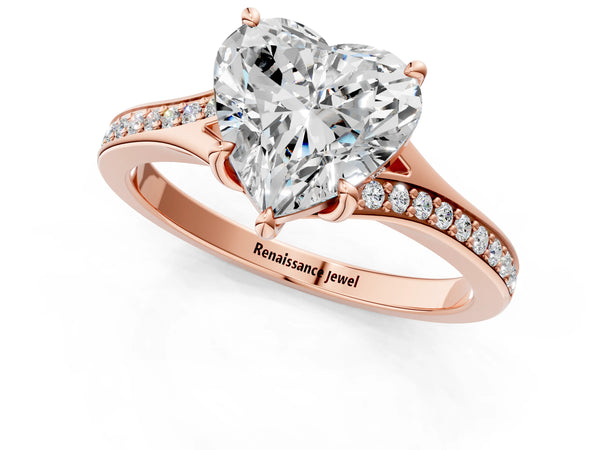 Rose Gold Heart-Shaped Pave Solitaire Engagement Ring Setting with Sweeping Shoulders