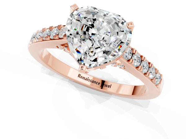 Rose gold Heart Cut Moissanite Solitaire Ring with Crossover Gallery and Round  Pavé Band