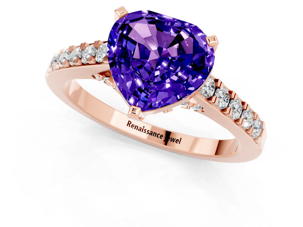 Rose gold Heart Cut Tanzanite Solitaire Ring with Crossover Gallery and Round  Pavé Band