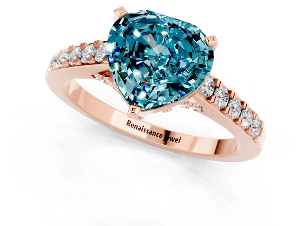 Rose gold Heart Cut Blue Topaz Solitaire Ring with Crossover Gallery and Round  Pavé Band