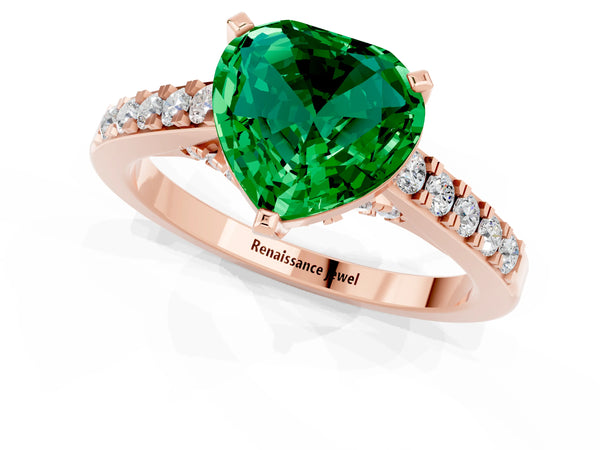 Rose gold Heart Cut Emerald Solitaire Ring with Crossover Gallery and Round  Pavé Band