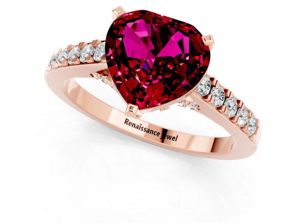 Rose gold Heart Cut Garnet Solitaire Ring with Crossover Gallery and Round  Pavé Band