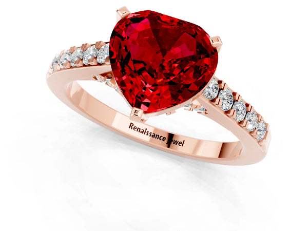 Rose gold Heart Cut Ruby Solitaire Ring with Crossover Gallery and Round  Pavé Band