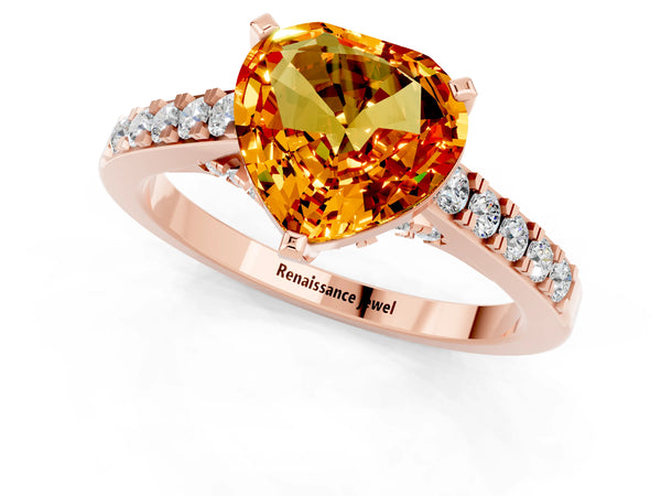 Rose gold Heart Cut Citrine Solitaire Ring with Crossover Gallery and Round  Pavé Band