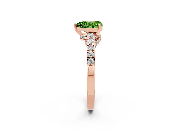 Rose gold Heart Cut Peridot Solitaire Ring with Crossover Gallery and Round  Pavé Band