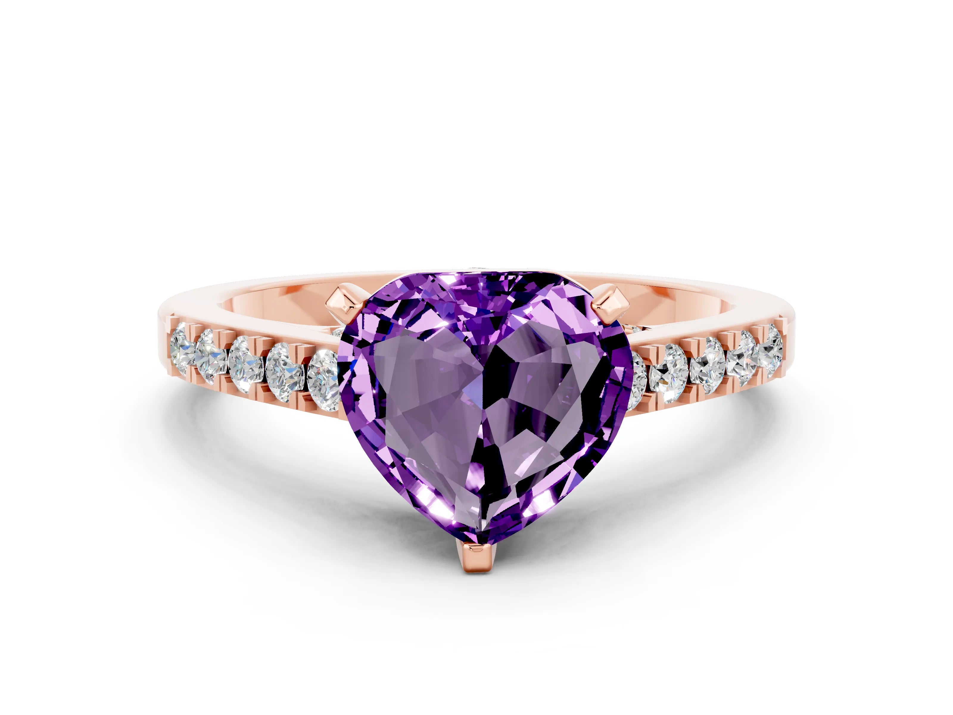 Rose gold Heart Cut Diamond Solitaire Ring with Pavé Band and Prong Setting