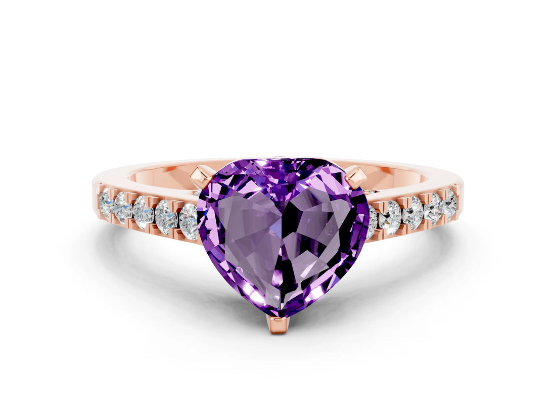Rose gold Heart Cut Diamond Solitaire Ring with Pavé Band and Prong Setting