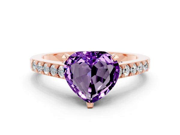 Rose gold Heart Cut Amethyst Solitaire Ring with Crossover Gallery and Round  Pavé Band