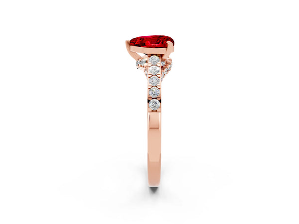 Rose gold Heart Cut Ruby Solitaire Ring with Crossover Gallery and Round  Pavé Band
