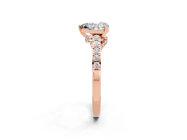 Rose gold Heart Cut Moissanite Solitaire Ring with Crossover Gallery and Round  Pavé Band