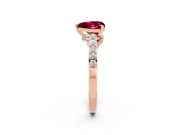 Rose gold Heart Cut Garnet Solitaire Ring with Crossover Gallery and Round  Pavé Band