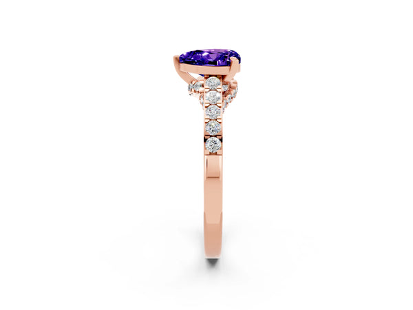 Rose gold Heart Cut Tanzanite Solitaire Ring with Crossover Gallery and Round  Pavé Band