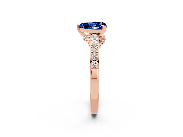 Rose gold Heart Cut Blue Sapphire Solitaire Ring with Crossover Gallery and Round  Pavé Band