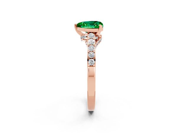 Rose gold Heart Cut Emerald Solitaire Ring with Crossover Gallery and Round  Pavé Band