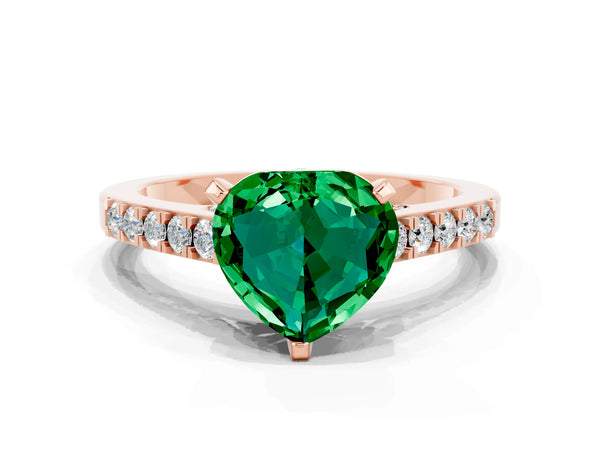 Rose gold Heart Cut Emerald Solitaire Ring with Crossover Gallery and Round  Pavé Band