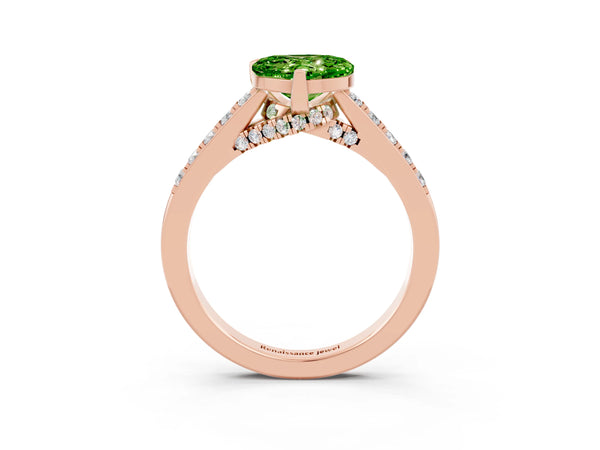 Rose gold Heart Cut Peridot Solitaire Ring with Crossover Gallery and Round  Pavé Band