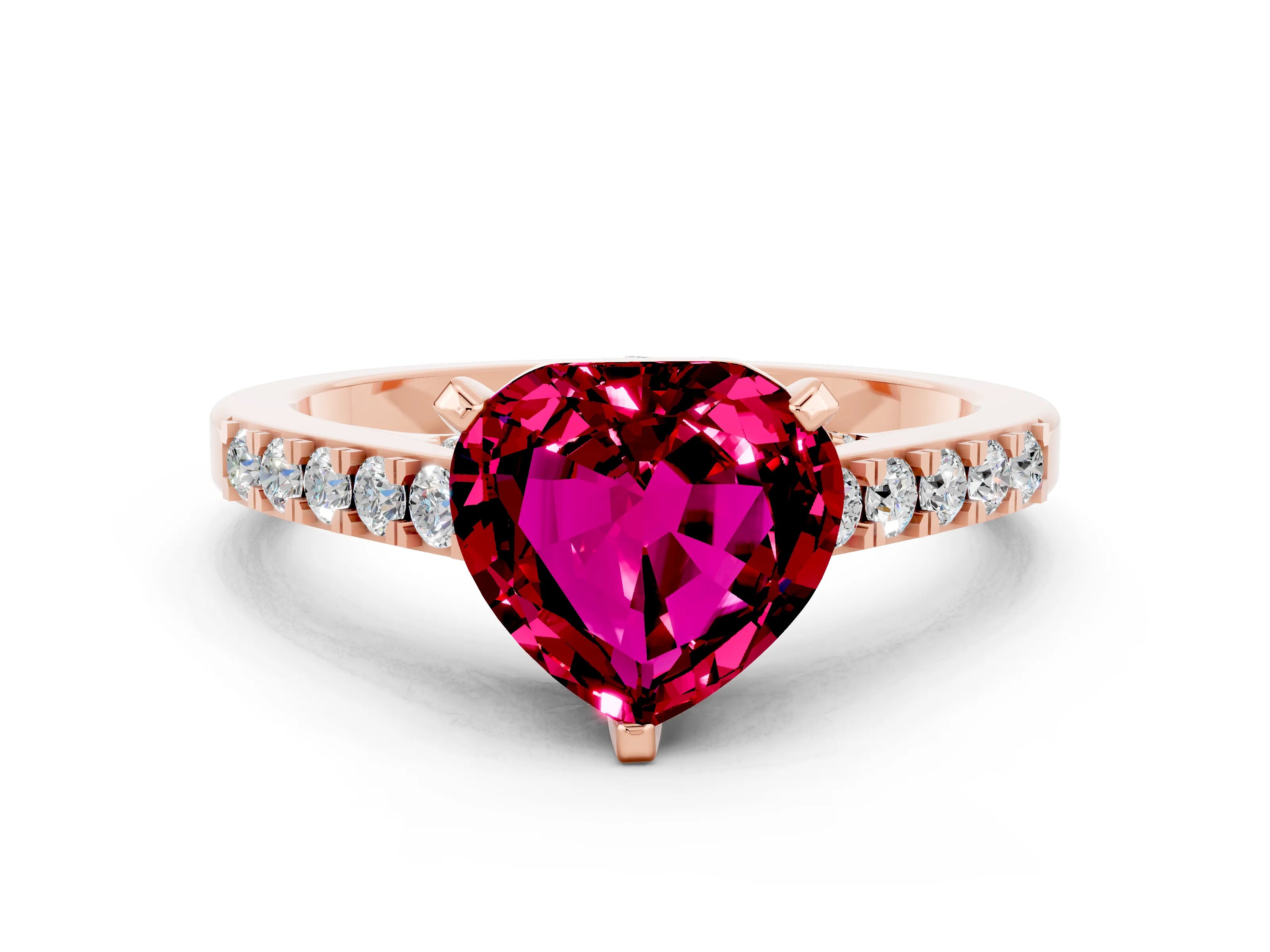 Rose gold Heart Cut Diamond Solitaire Ring with Pavé Band and Prong Setting