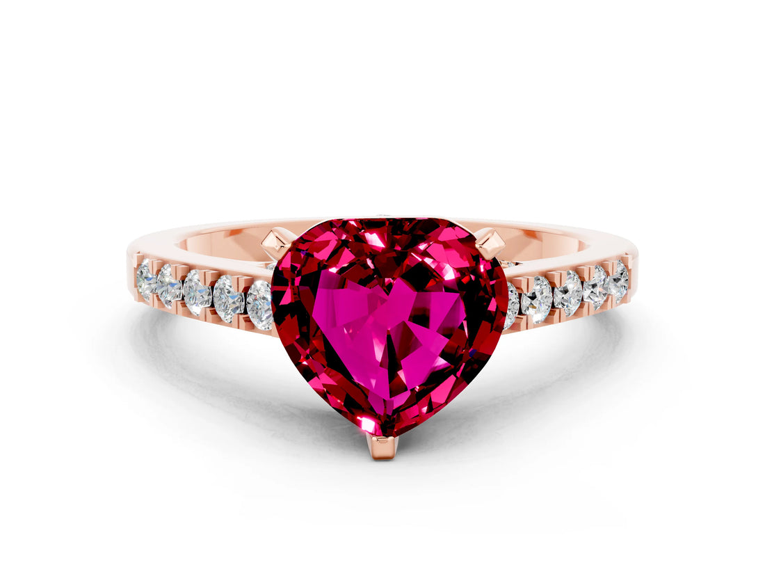 Rose gold Heart Cut Diamond Solitaire Ring with Pavé Band and Prong Setting