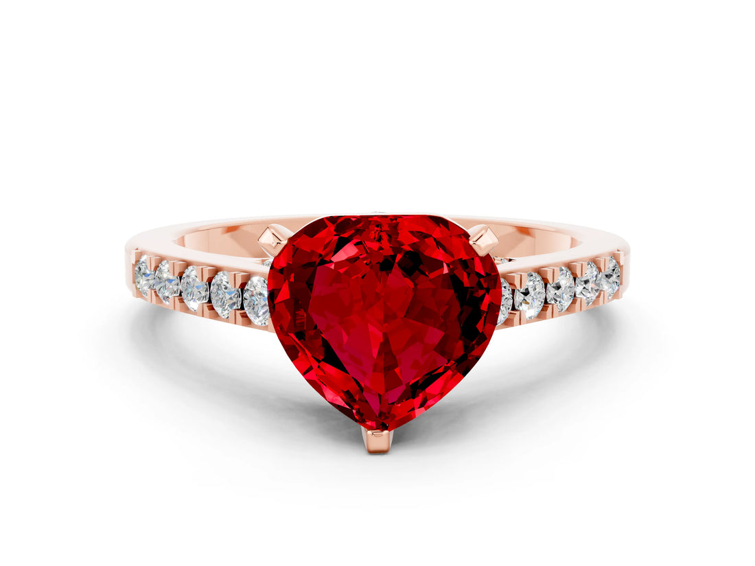 Rose gold Heart Cut Diamond Solitaire Ring with Pavé Band and Prong Setting