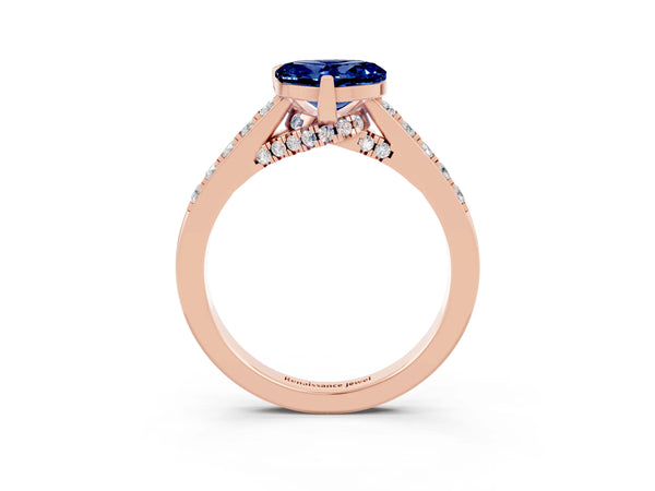 Rose gold Heart Cut Blue Sapphire Solitaire Ring with Crossover Gallery and Round  Pavé Band