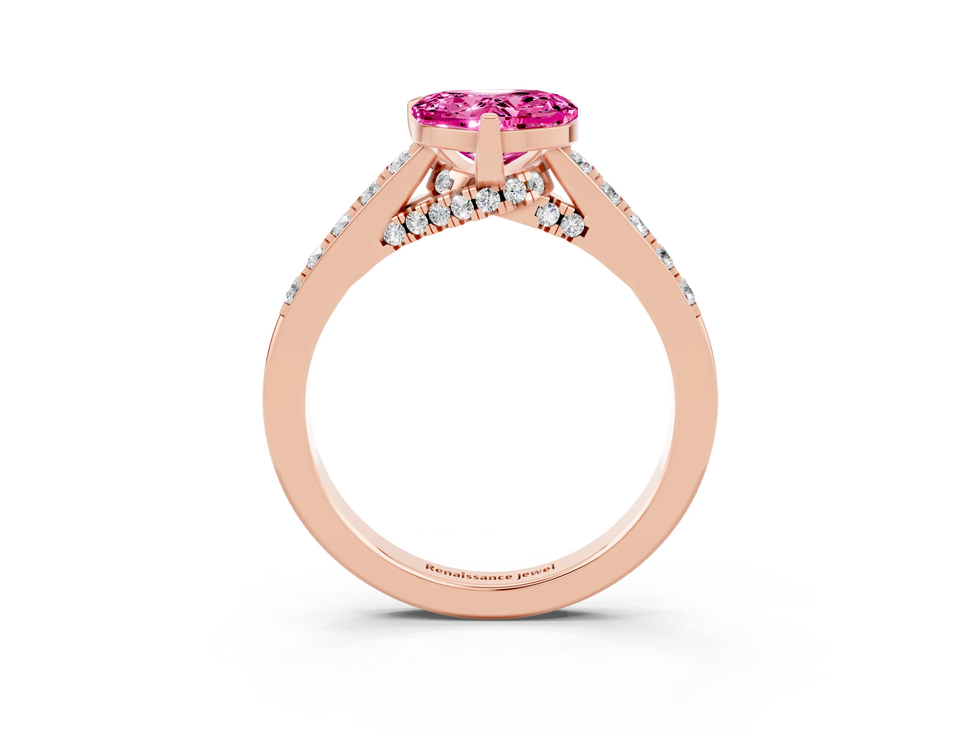 Rose gold Heart Cut Diamond Solitaire Ring with Pavé Band and Prong Setting_3